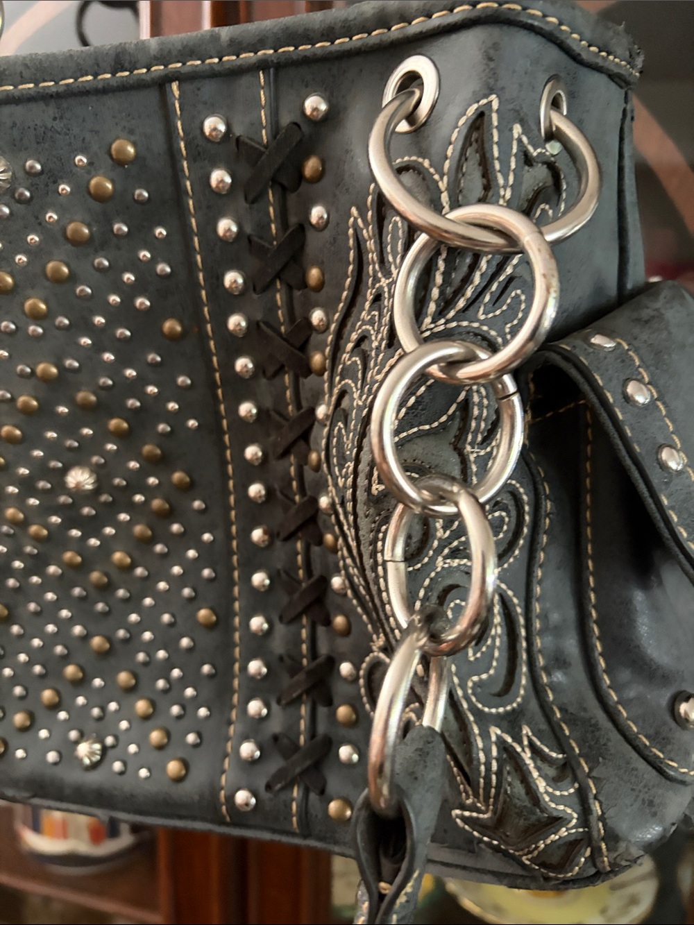 Montana West Black Embroidered Studded Shoulder Bag with Chain Straps - Picture 4 of 10